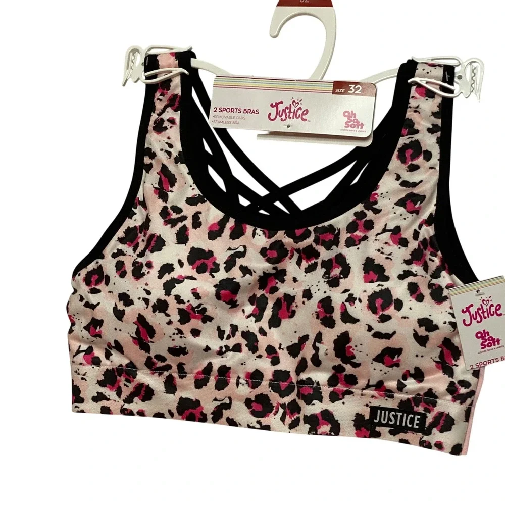 Justice Girls 2 Pack Sports Bras Size 32 Leopard‎ Pink Strappy Back Seamless NWT